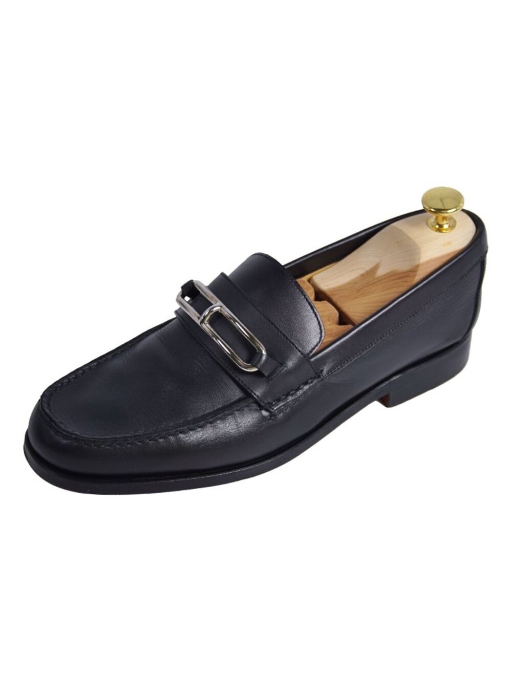 Hermes Loafers Moccasins Collet Silver Shoes Leather Black